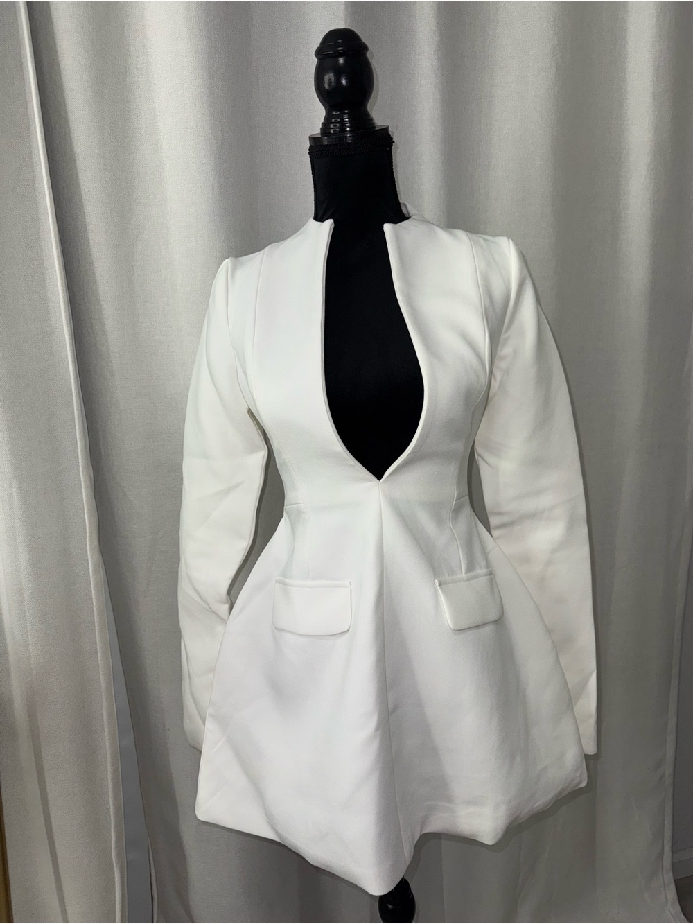 White Long-Sleeve Mini Dress with Deep V Neckline